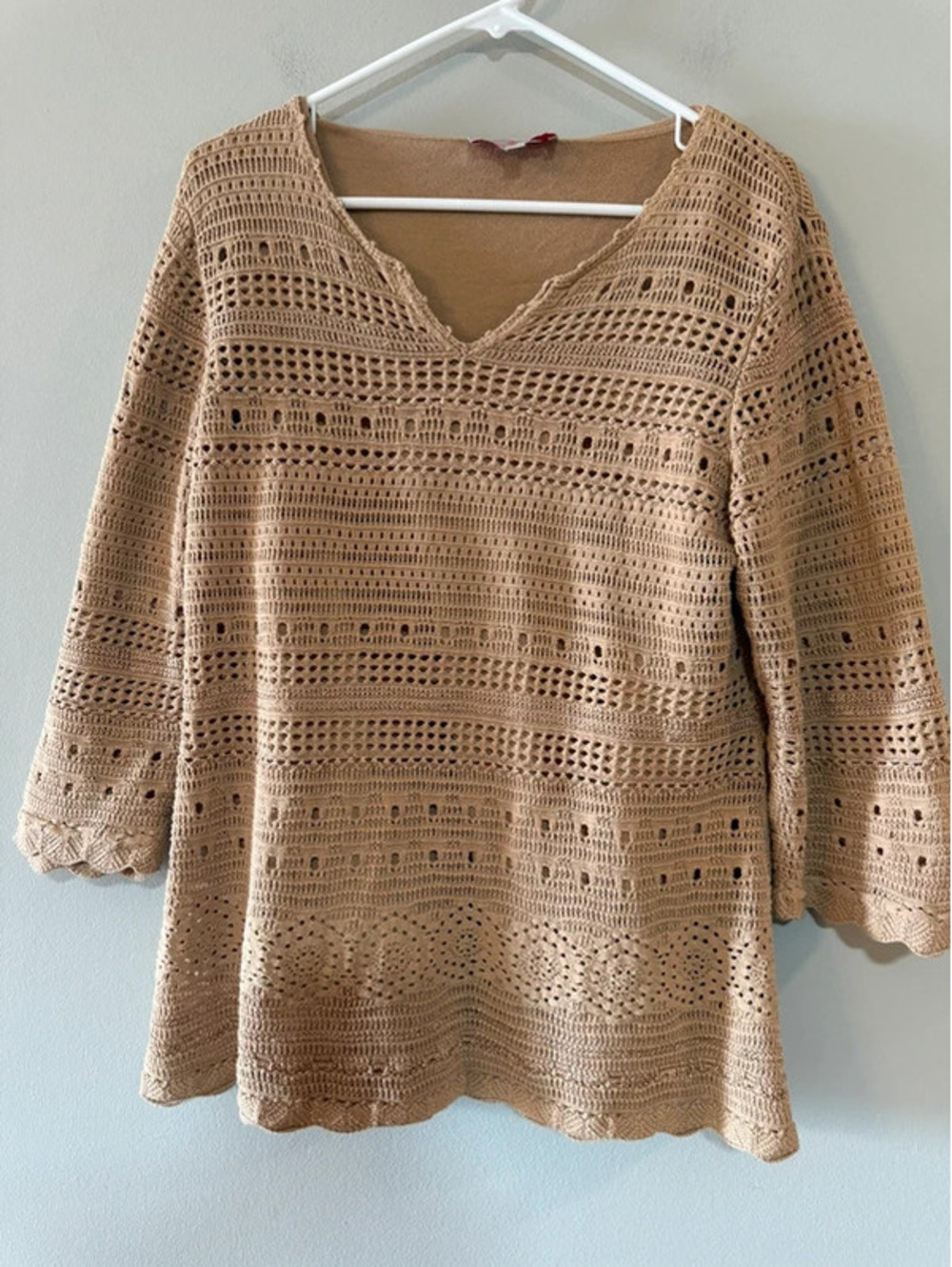 Laurie Felt Women’s Large Tan Crochet Knit Tunic Top 3/4 Sleeve Lined Boho